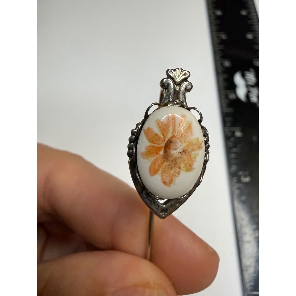 Vintage Porcelain Flower Stick Pin Silver Tone Ornate Floral Lapel Hat Pin